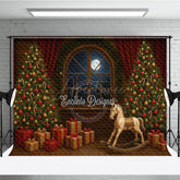 Aperturee - Aperturee Classic Christmas Toy Room Photography Backdrop Rocking Horse by the Full Moon Holiday Mini Session Background